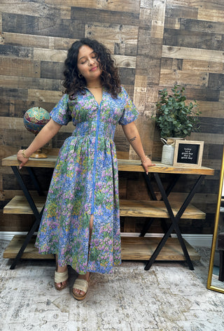 Entro Periwinkle Bloom Elastic Waist Zip Midi Dress