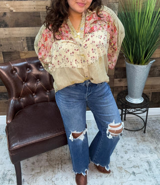 Young Threads Khaki & Pink Floral Embroidered Patchwork Top