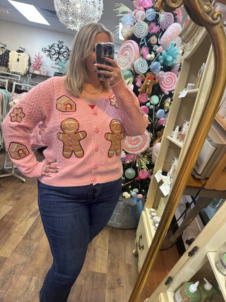 Pink Cable Knit Gingerbread Cardigan Top