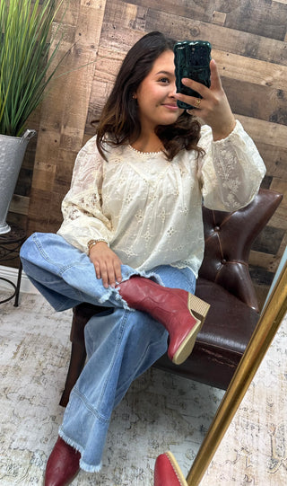Listicle Ivory Eyelet Embroidered Sheen Top