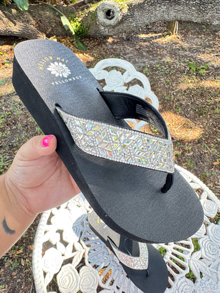 Yellowbox Laura Black & Sparkle Wedge Sandal
