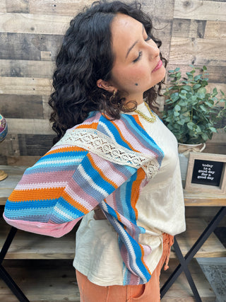 Alternate view of Easel IVORY Mineral Wash 3/4 Slv Multi Stripe Top
