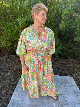 Oddi Minty Garden Floral Printed Tiered Midi Dress w/ Puff Sleeve & Elastic Waist