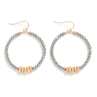 Gray Faceted Gold Bead Hoop Drop Earrings