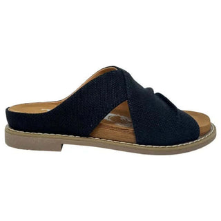 VeryG Kori Black Linen Sandal, casual chic design with crossover straps, perfect for summer style. Final Sale.