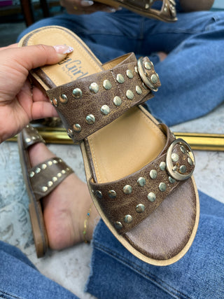 Corkys Hey Hottie Cognac Gold Studded Sandals