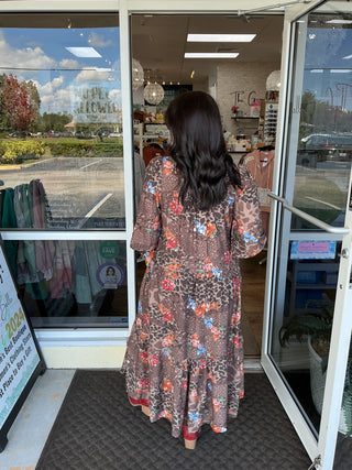 Umgee Brown Leopard Dress w/ Rusty Florals
