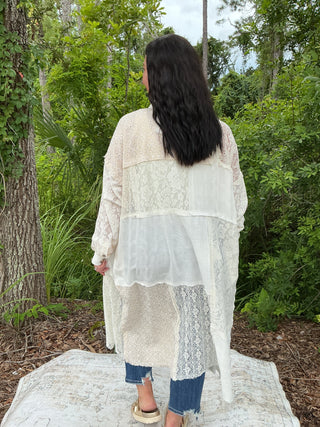 Oli & Hali Ecru Patch Lace Button Up Long Shacket Top Kimono