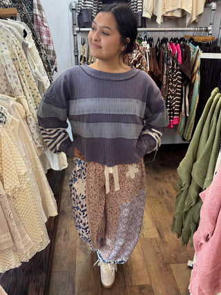 Oli & Hali Blue Mineral Wash Mixed Fabric Long Sleeve Top