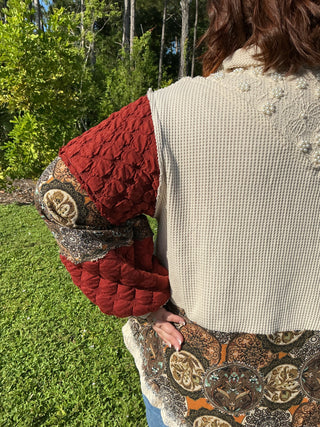 POL Vintage Shacket Top Deep Brick & Oatmeal w/ Pearl Accents