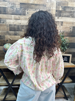 Alternate view of Easel Pink Ribbon Coquette Floral Ruffle Collar Top
