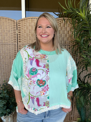 POL Mint Floral Oversized Top
