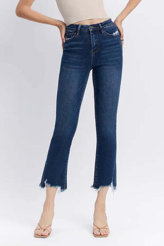 Vervet T5414 dark wash high-rise ankle kick flare jeans - trendy stretch denim with a flattering fit and stylish hem.