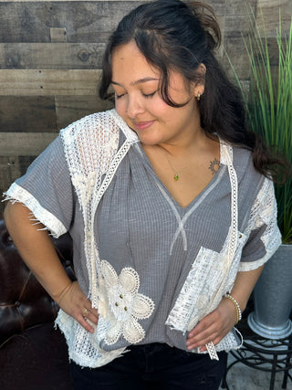 POL Grey Ribbed Ivory Crochet Detail Hoodie Top