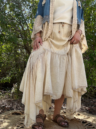 Alternate view of Young Threads Ivory Latte Boho Mixed Panel Drawstring Handkerchief Skirt
