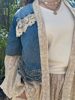 Young Threads Desert Dream Washed Denim & Lace Kimono Cardigan Top