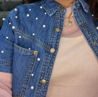 Cozy Co Pearl Washed DK WASH Denim Short Sleeve Shrug Top