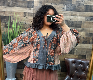 POL Teal Brown & Blush Patchwork Tie Front Top Oversized