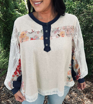 POL Coconut Crochet Sleeve Jersey Top with Navy Detail - Stylish and Comfortable Women's Fashion by The Prospect Wrap