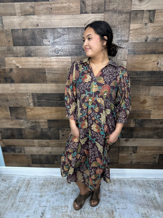 Umgee Brown Mix Floral Collared Midi Dress