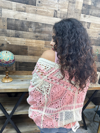 POL PINK MULTI Batwing Slv Cardigan Crochet Sweater Top