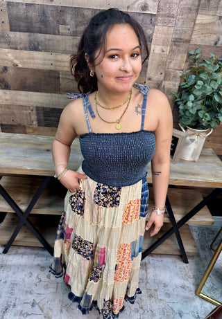 Alternate view of Young Threads Smocked Denim w/ Latte Patchwork Midi Dress

