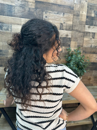 Alternate view of Staccato Ivory & Black Striped Pointelle Short Slv Top
