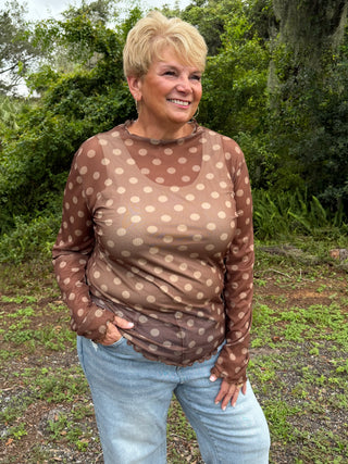 Easel Dots Dots Dots BROWN Mesh Layering Top
