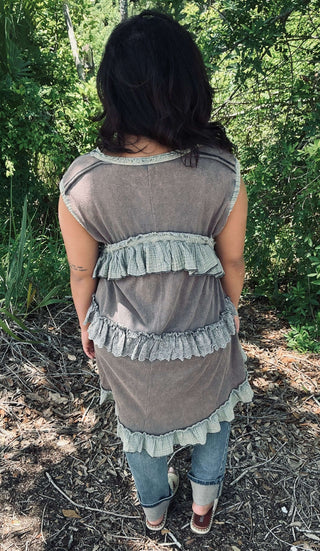 Oli & Hali Tunic Top in Washed Charcoal Grey with Tiered Contrast Ruffle - Stylish and Comfortable Women's Fashion