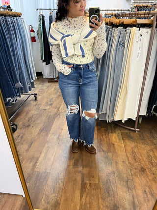 In Feb Cream & Blue Stripe Dolman Slub Sweater Top