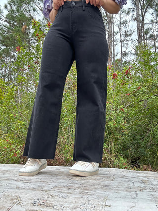 Lovervet LV1220BK Black High Rise Raw Hem Crop Wide Leg Jeans