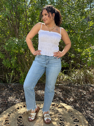 White Linen Blend Wide Smocked Layering Top