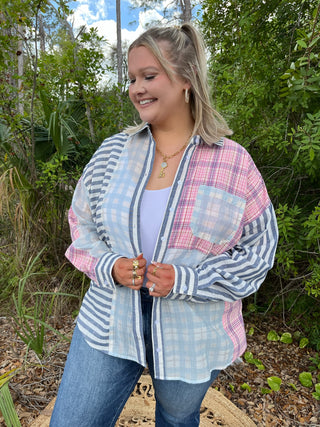 Alternate view of Like Love Blue & Pink Button Down Plaid Stripe Mix Top
