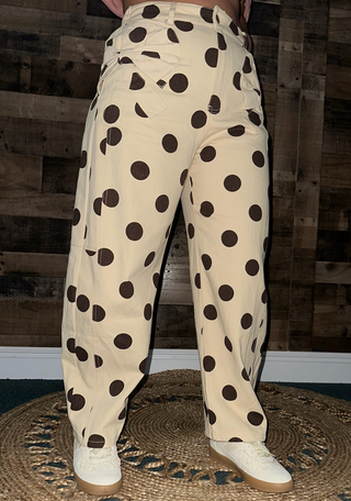 Oddi Beige w/ Brown Polka Dot Gypsy Fit Pants w/ Bow Pockets