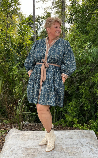 Entro Blue Floral Taupe Accent Belted Dress