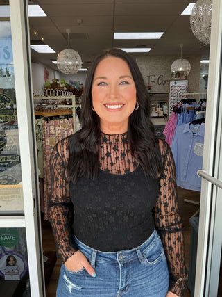 Easel lace layering top with long sleeves, available in two colors. Perfect for stylish and versatile outfits.
