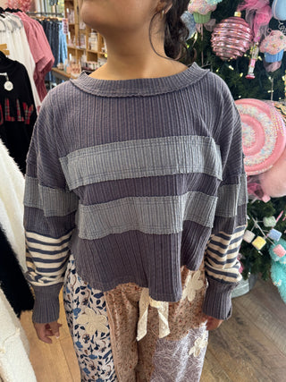 Oli & Hali Blue Mineral Wash Mixed Fabric Long Sleeve Top