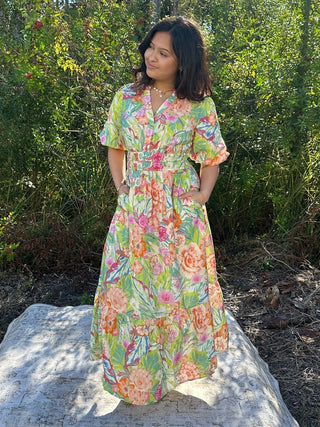 Oddi Minty Garden Floral Printed Tiered Midi Dress w/ Puff Sleeve & Elastic Waist