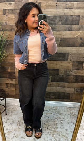 Cozy Co Rhinestone Washed Denim Short Sleeve Shrug Top