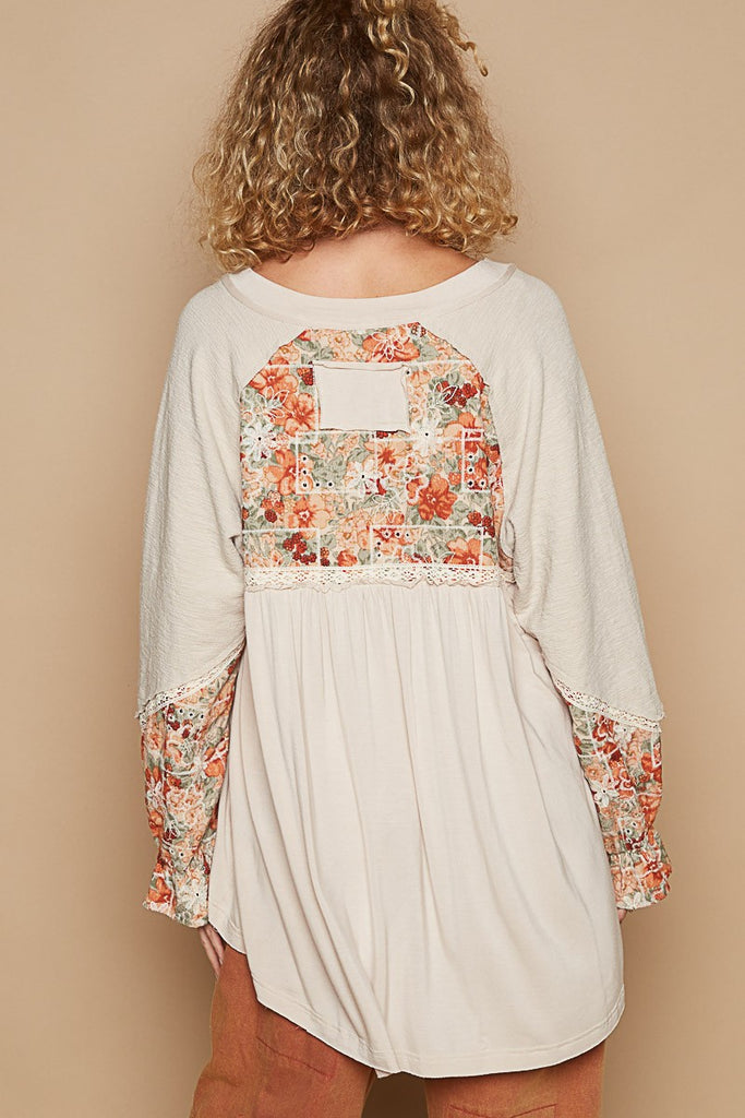 POL Oatmeal & Fall Floral Mix Print Top - The Gypsy Belle Boutique