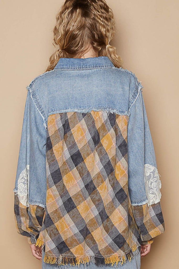 POL Denim & Mustard Plaid Star Ruffle Top - The Gypsy Belle Boutique