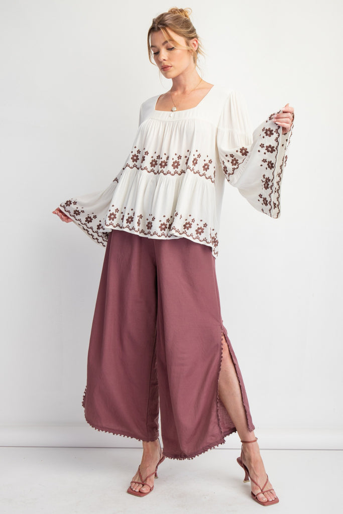 Easel - Faded Plum Poly-Linen Mini Tassel Pants - The Gypsy Belle Boutique