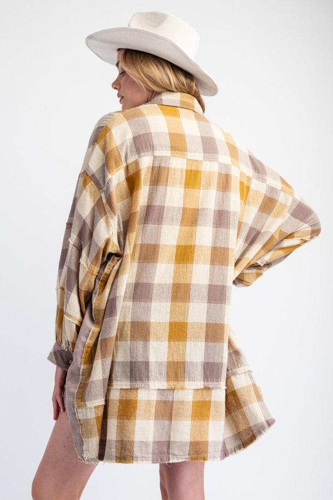 Easel - Mustard & Ash Plaid Oversized Shirt Dress - The Gypsy Belle Boutique