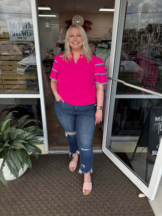 Colorful Jess Lea Ruffle Sleeve RicRac Top; final sale, multiple color options available, stylish and vibrant design.