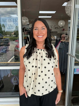 Adora Polka Dot Sleeveless Top with Drawstring Neckline in Black & White