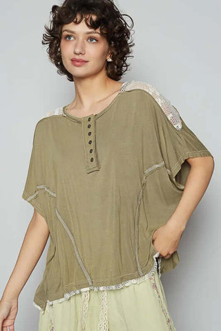 Women's POL Lace Shoulder Button Front Top in assorted colors, stylish and versatile with intricate lace detailing.