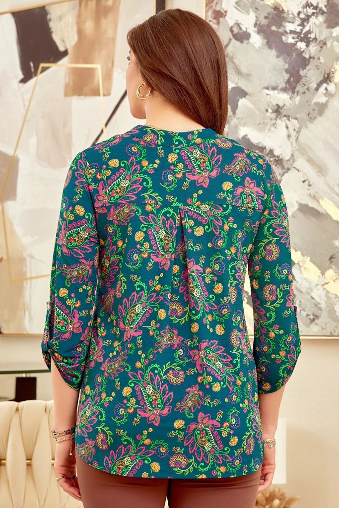 Dear Scarlett - Teal Paisley Print 3/4 Sleeve Top - The Gypsy Belle Boutique