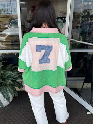 Oli & Hali 7 Varsity Green and Pink Colorblock Top with white accents, stylish and trendy casual fashion apparel.