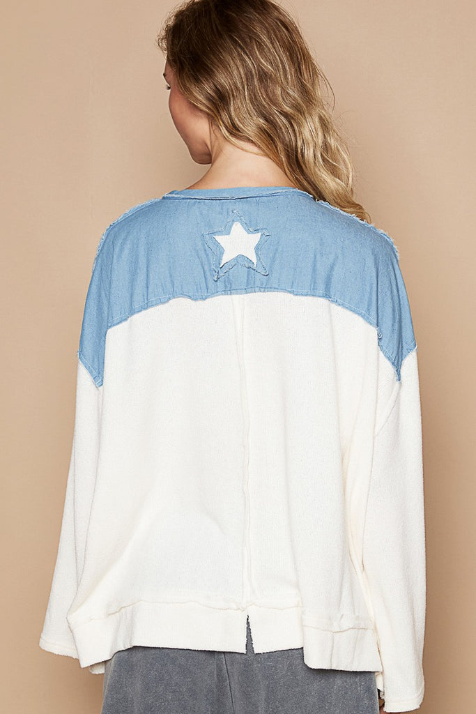 POL Ivory & Chambray Star Patch Top - The Gypsy Belle Boutique