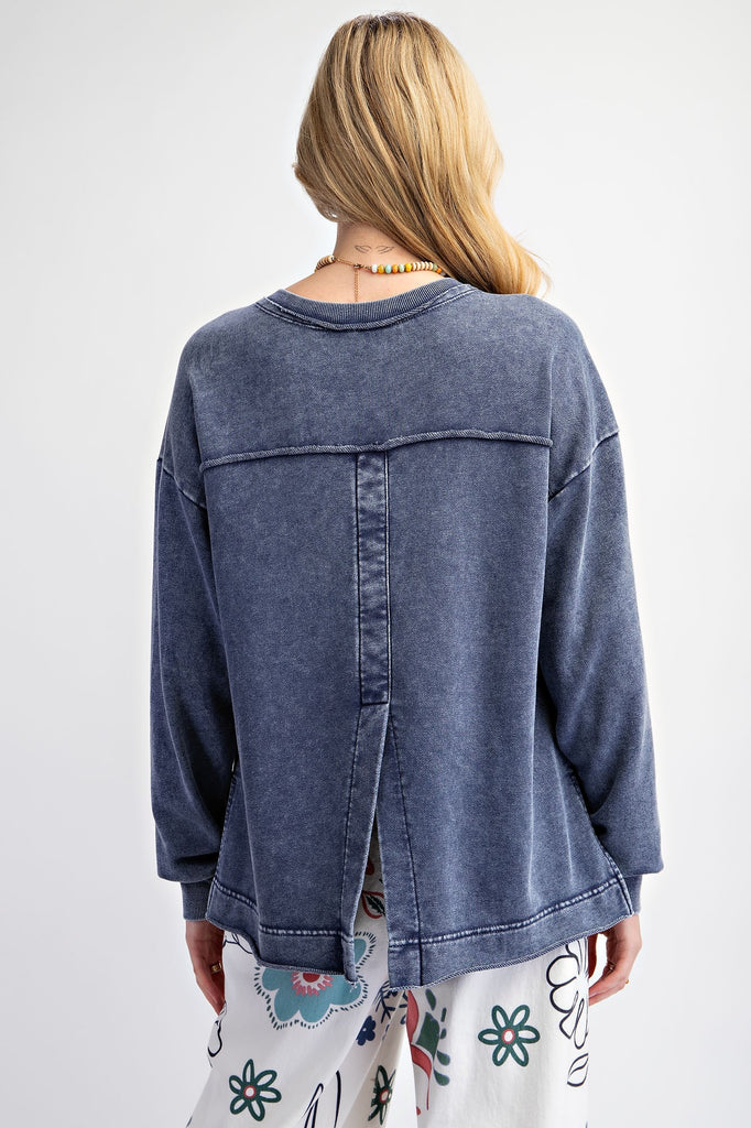 Easel Denim Blue Mineral Wash Tulip Back Sweatshirt Top - The Gypsy Belle Boutique